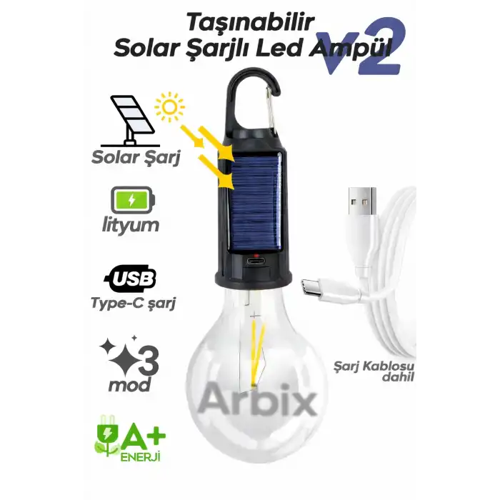 Taşınabilir Solar USB Şarjlı Led Ampül Outdoor Kamp Bahçe Lambası 10W Askılı Kırılmaz Led Işık