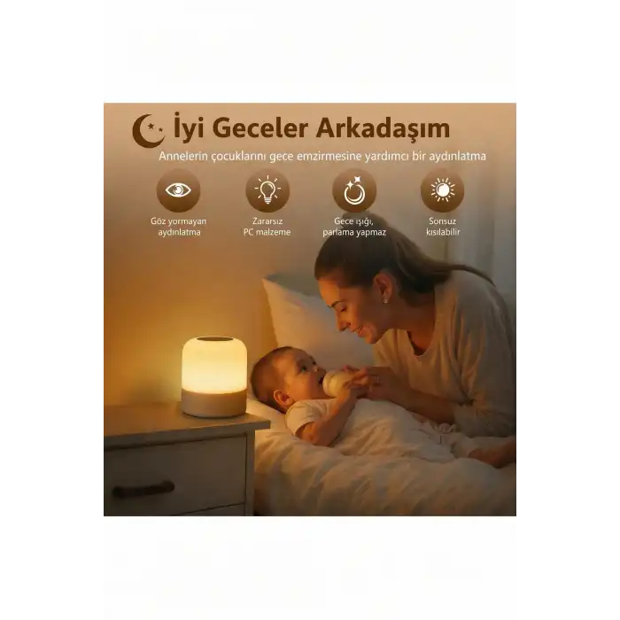 Şarjlı Kablosuz Gece Lambası LED Dokunmatik Kumandalı 3 Renk Modlu Dimmerli Zaman Ayarlı Masa Lambası