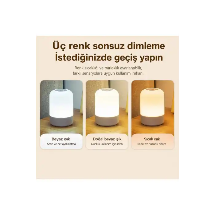 Şarjlı Kablosuz Gece Lambası LED Dokunmatik Kumandalı 3 Renk Modlu Dimmerli Zaman Ayarlı Masa Lambası