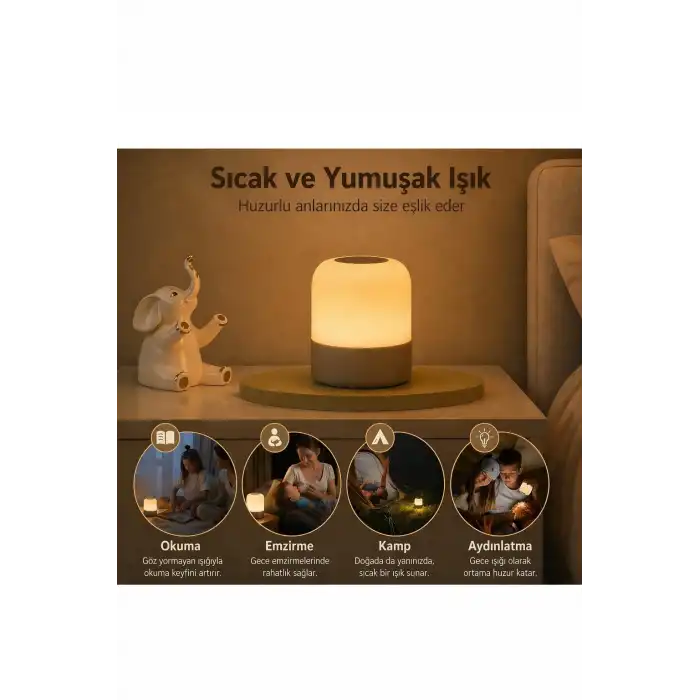 Şarjlı Kablosuz Gece Lambası LED Dokunmatik Kumandalı 3 Renk Modlu Dimmerli Zaman Ayarlı Masa Lambası