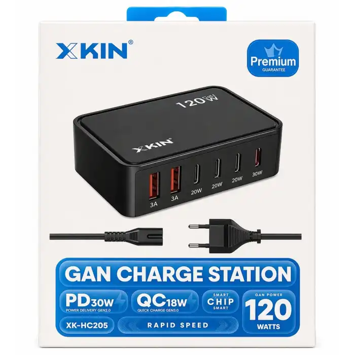 XKIN 120W GaN Şarj İstasyonu 6 Port USB-C PD 30W QC 18W Hızlı Şarj Adaptörü Çoklu Şarj Cihazı XK-HC205