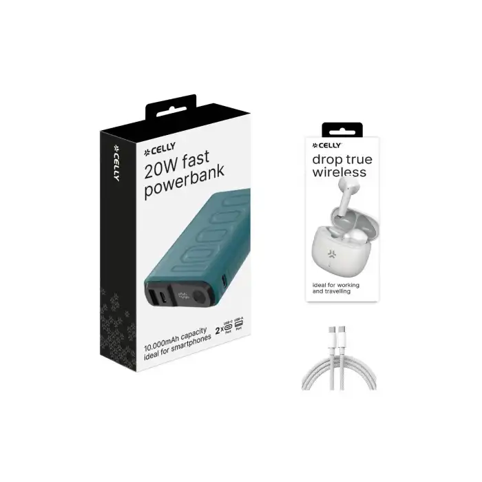 Celly PD 20W HIZLI ŞARJ 10000mAh Powerbank Bluetooth Kulaklık ve Type-c Şarj Kablosu HEDİYE