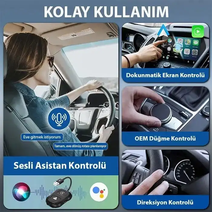iPhone & Android Uyumlu Kablosuz CarPlay Adaptörü | 5GHz Hızlı Bağlantı | USB + Type-C Çevirici