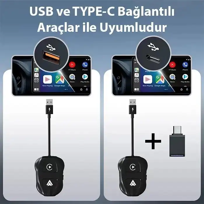 iPhone & Android Uyumlu Kablosuz CarPlay Adaptörü | 5GHz Hızlı Bağlantı | USB + Type-C Çevirici