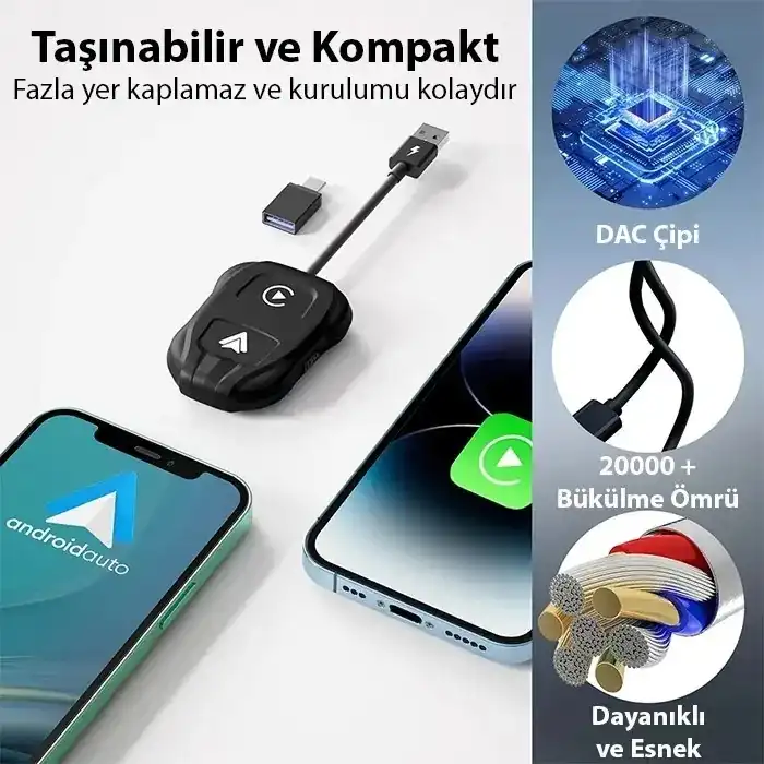 iPhone & Android Uyumlu Kablosuz CarPlay Adaptörü | 5GHz Hızlı Bağlantı | USB + Type-C Çevirici