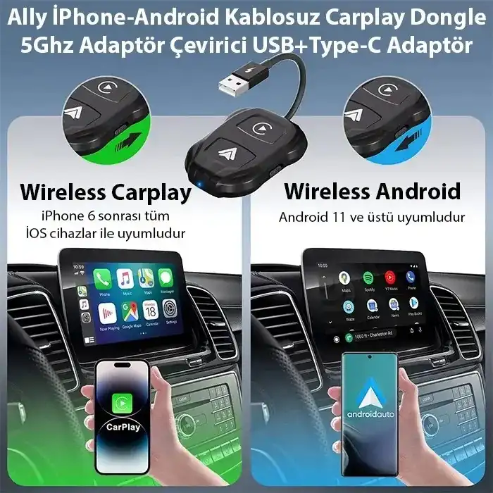 iPhone & Android Uyumlu Kablosuz CarPlay Adaptörü | 5GHz Hızlı Bağlantı | USB + Type-C Çevirici