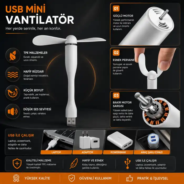 Mini USB Vantilatör Fan Serinletici | Laptop Powerbank Uyumlu Sessiz Güçlü BEYAZ RENK