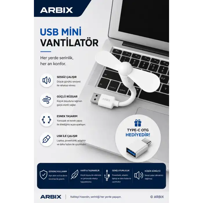 Mini USB Vantilatör Fan Serinletici | Laptop Powerbank Uyumlu Sessiz Güçlü BEYAZ RENK