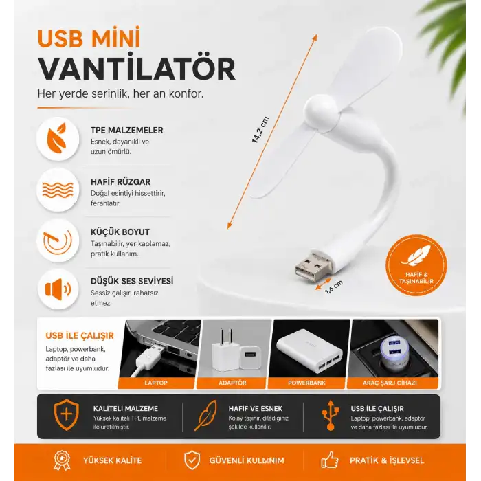 Mini USB Vantilatör Fan Serinletici | Laptop Powerbank Uyumlu Sessiz Güçlü BEYAZ RENK