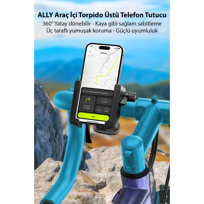 Ally 360° Dönebilen Gidon Telefon Tutucu | Motosiklet Bisiklet Scooter Siyah