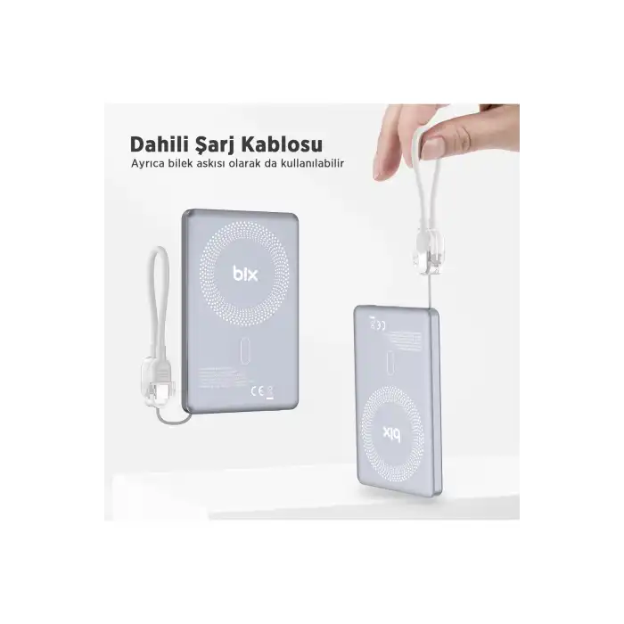 Bix PB114 5000mAh 20W Dahili Type-C Kablolu 15W Manyetik Kablosuz Şarj Özellikli Portatif Powerbank