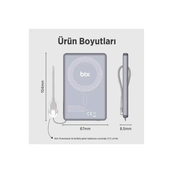 Bix PB114 5000mAh 20W Dahili Type-C Kablolu 15W Manyetik Kablosuz Şarj Özellikli Portatif Powerbank