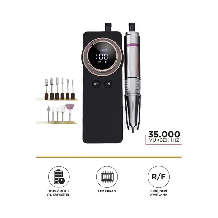 Profesyonel Nail Drill Tırnak Törpü Makinesi – 35.000 RPM | Dijital LED Ekran | Şarjlı | Süper Sessiz
