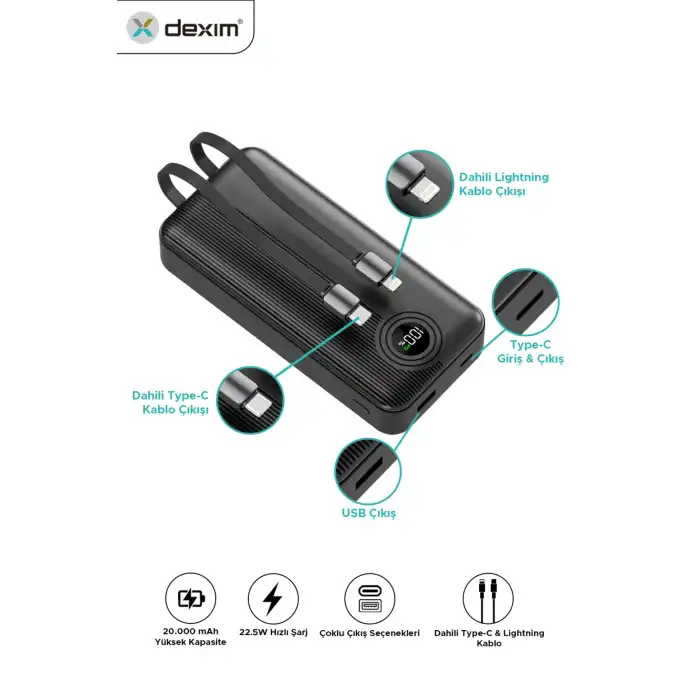 Dexim W4 20000mAh Powerbank 22.5W PD Hızlı Şarj 2x Type-C Kablolu LED Göstergeli Taşınabilir Şarj Cihazı