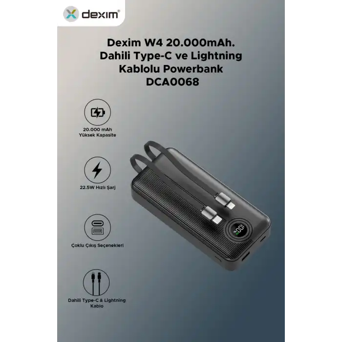 Dexim W4 20000mAh Powerbank 22.5W PD Hızlı Şarj 2x Type-C Kablolu LED Göstergeli Taşınabilir Şarj Cihazı