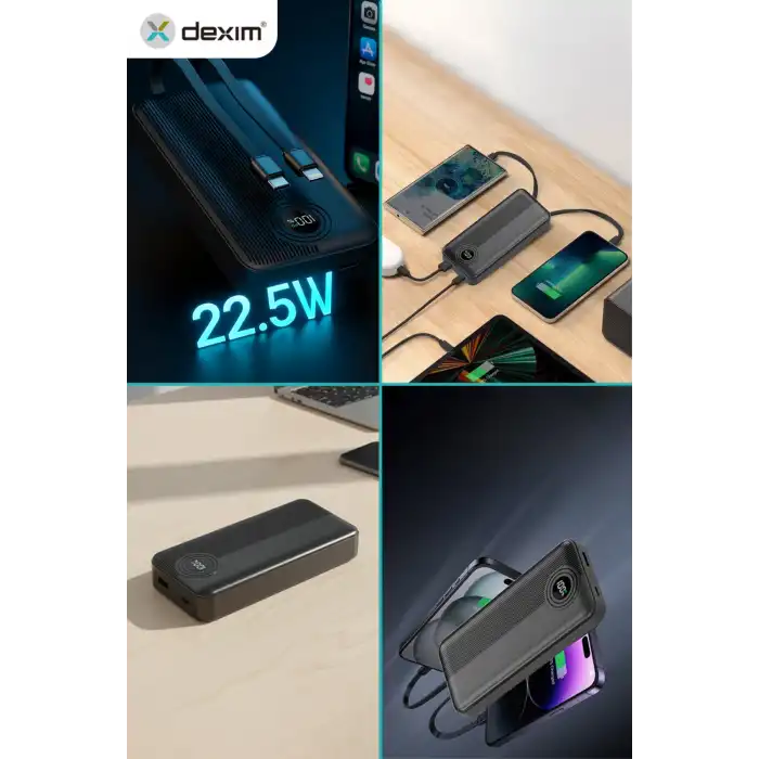 Dexim W4 20000mAh Powerbank 22.5W PD Hızlı Şarj 2x Type-C Kablolu LED Göstergeli Taşınabilir Şarj Cihazı