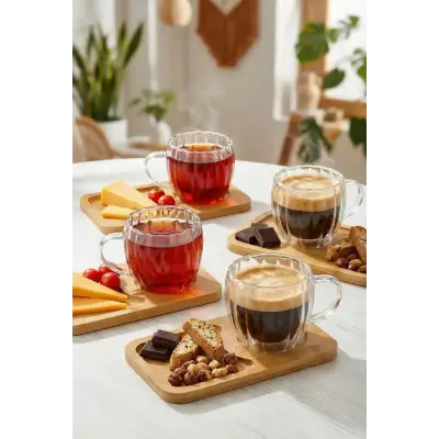 120 ml 4’lü 8 Parça Çift Cidarlı Bardak ve Bambu Tabaklı Espresso Fincan Takımı