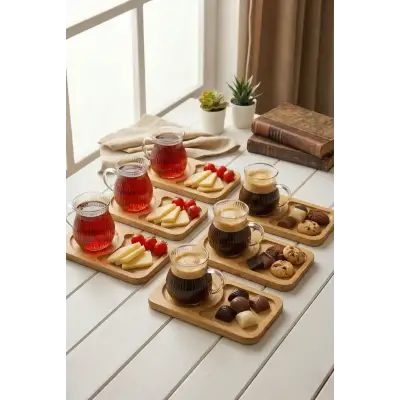 150 ml 6’lı 12 Parça Bambu Tabaklı Borosilikat Cam Kulplu Çay ve Kahve Fincan Takımı