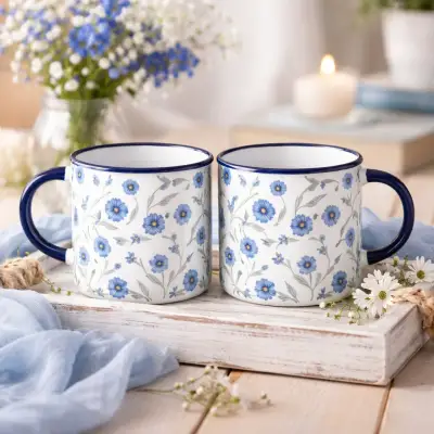 Çiçek Desenli Lacivert Enamel Kupa Seti