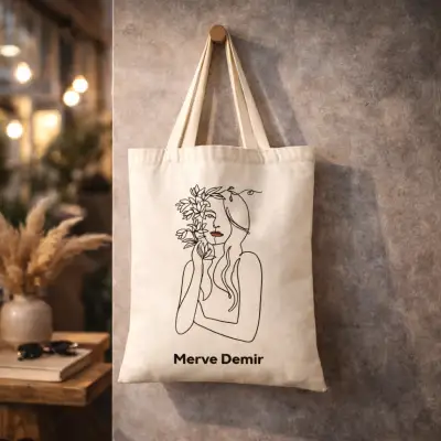 Woman Art Line Tasarımlı Kişiye Özel İsimli Askılı Bez Çanta