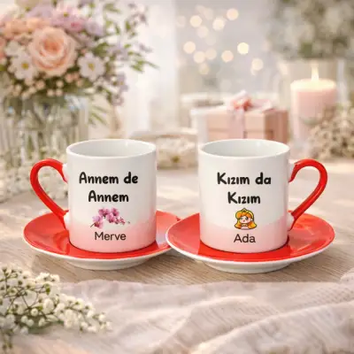 2’Li Kırmızı Fincan Kişiye Özel İsimli Annem De Annem Kızım Da Kızım