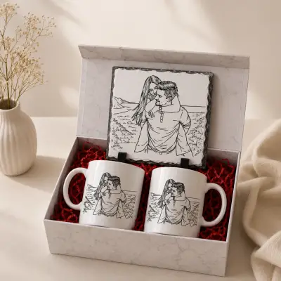 Kişiye Özel Lineart Çizim Baskılı Doğaltaş ve 2’li Kupa Hediye Seti