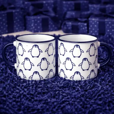 Penguen Desenli Lacivert Enamel Kupa Seti