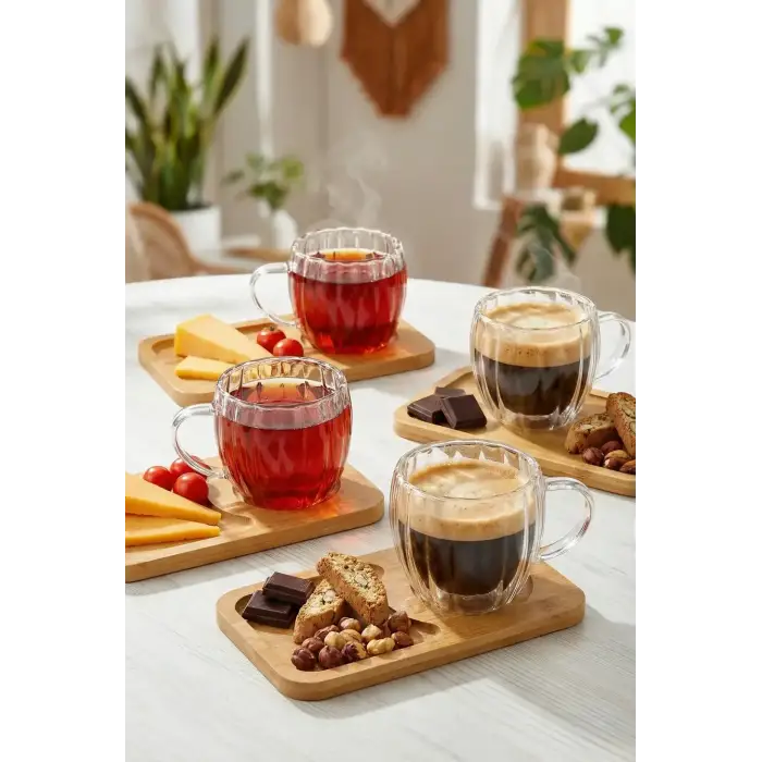120 ml 4’lü 8 Parça Çift Cidarlı Bardak ve Bambu Tabaklı Espresso Fincan Takımı