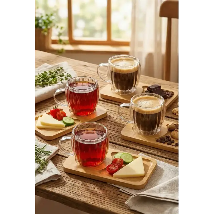 120 ml 4’lü 8 Parça Çift Cidarlı Bardak ve Bambu Tabaklı Espresso Fincan Takımı