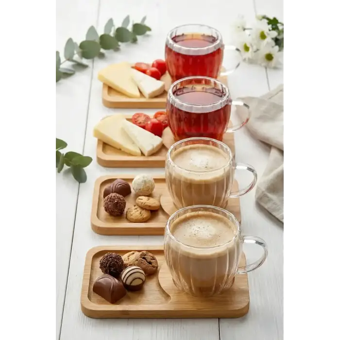 120 ml 4’lü 8 Parça Çift Cidarlı Bardak ve Bambu Tabaklı Espresso Fincan Takımı