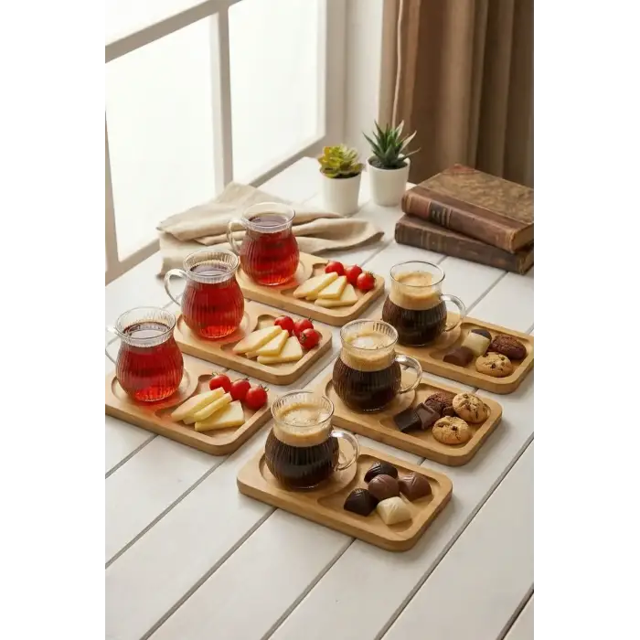 150 ml 6’lı 12 Parça Bambu Tabaklı Borosilikat Cam Kulplu Çay ve Kahve Fincan Takımı