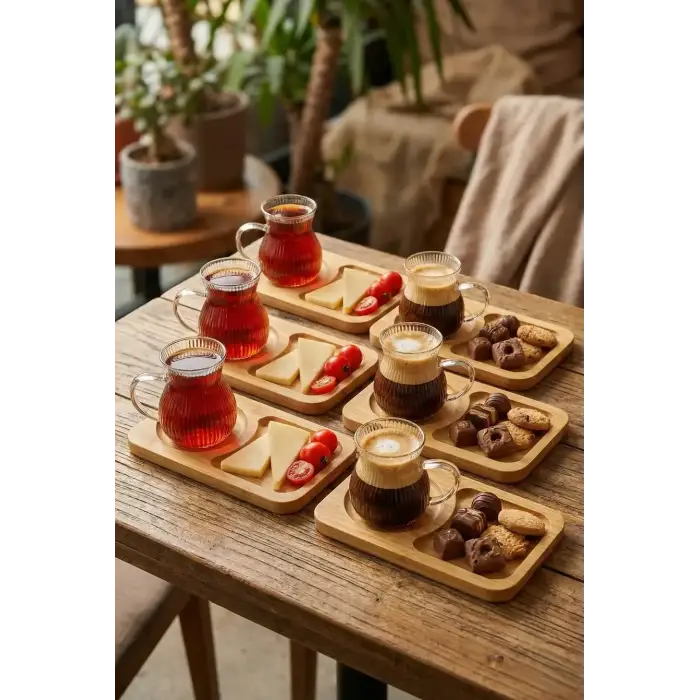 150 ml 6’lı 12 Parça Bambu Tabaklı Borosilikat Cam Kulplu Çay ve Kahve Fincan Takımı