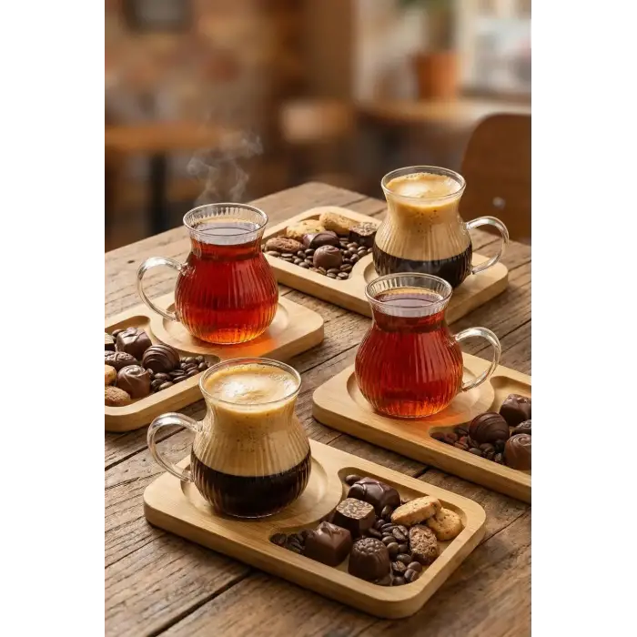 150 ml 6’lı 12 Parça Bambu Tabaklı Borosilikat Cam Kulplu Çay ve Kahve Fincan Takımı