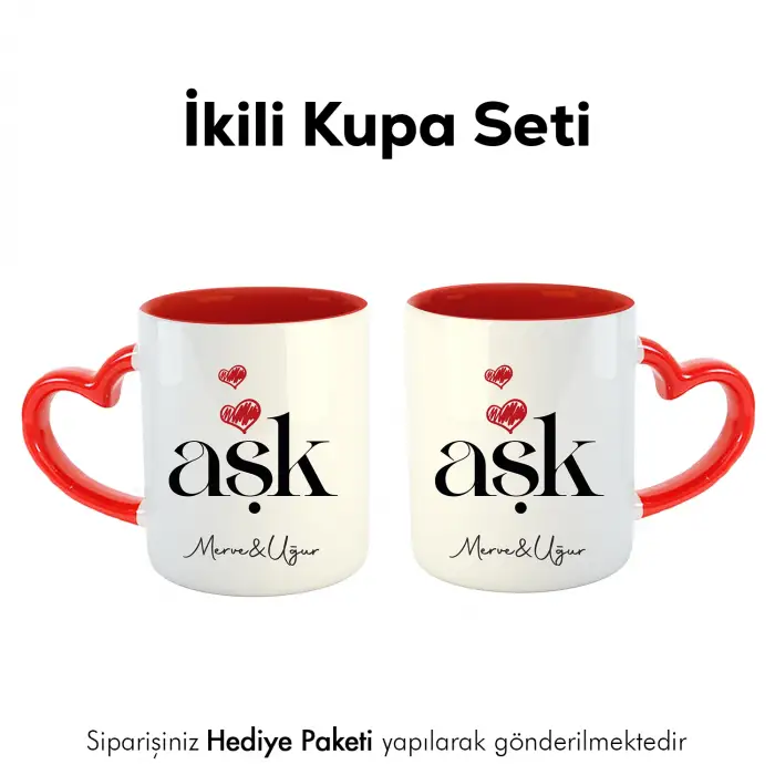 2Li Aşk Yazılı Kişiye Özel İsimli Kalpli Kupa Bardak