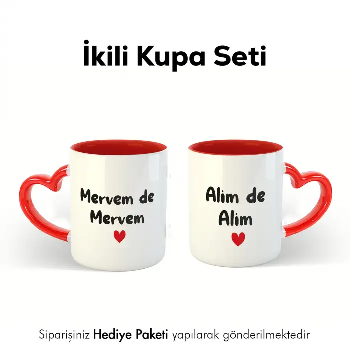 2’Li Kişiye Özel İsimli Kalpli Kupa Bardak