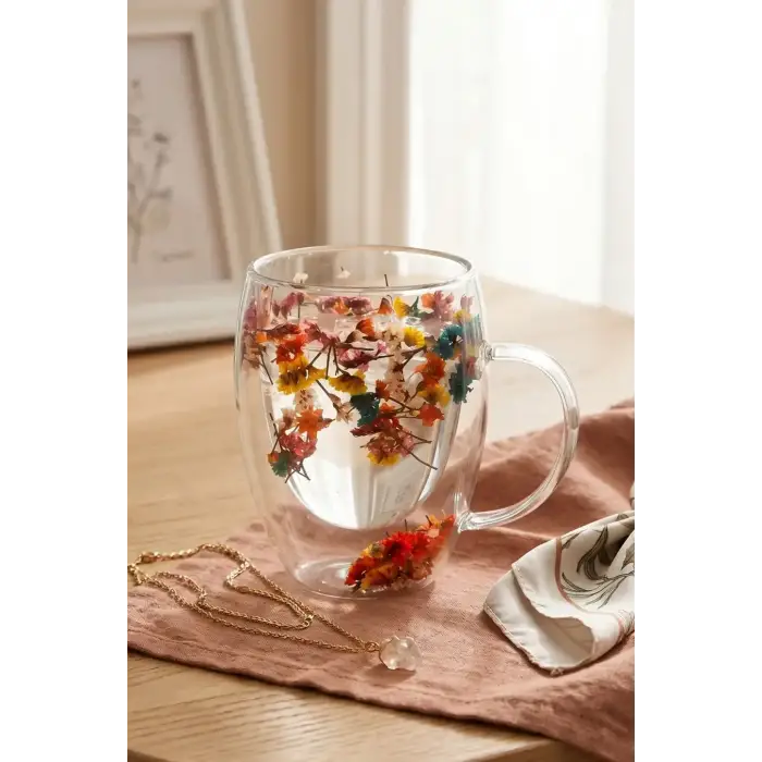 350 ml Isıya Dayanıklı Borosilikat Çift Cidarlı Flower Cup Çiçekli Bardak
