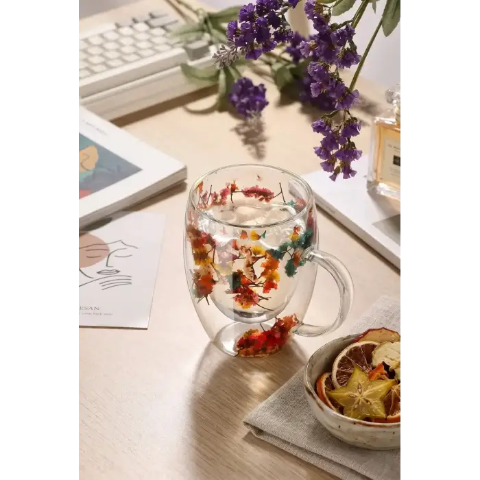 350 ml Isıya Dayanıklı Borosilikat Çift Cidarlı Flower Cup Çiçekli Bardak