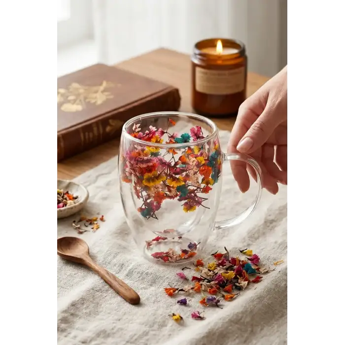 350 ml Isıya Dayanıklı Borosilikat Çift Cidarlı Flower Cup Çiçekli Bardak