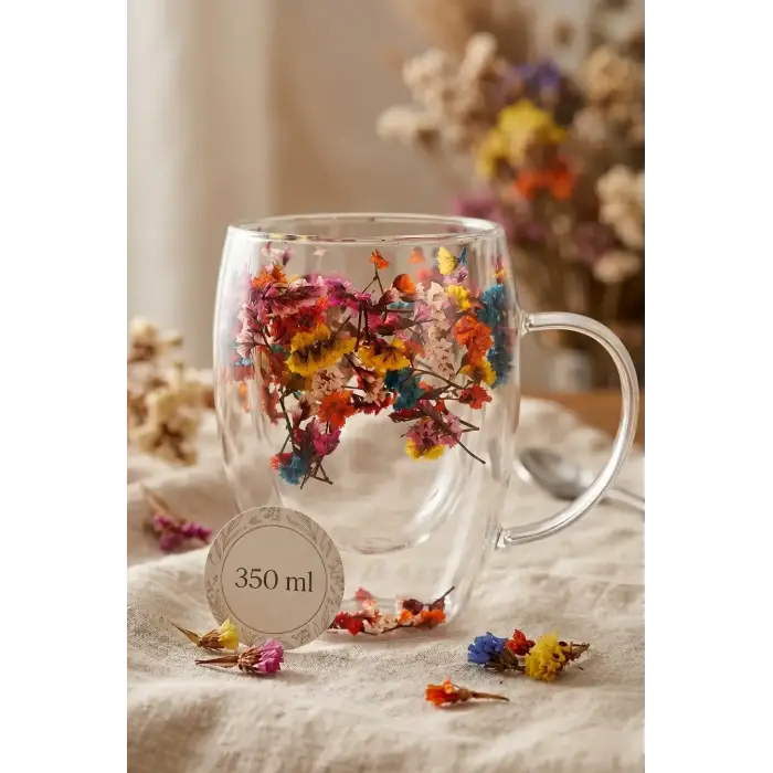 350 ml Isıya Dayanıklı Borosilikat Çift Cidarlı Flower Cup Çiçekli Bardak