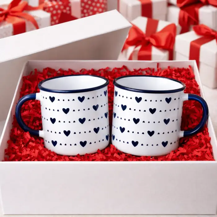 Aşk Dolu Lacivert Enamel Kupa Seti