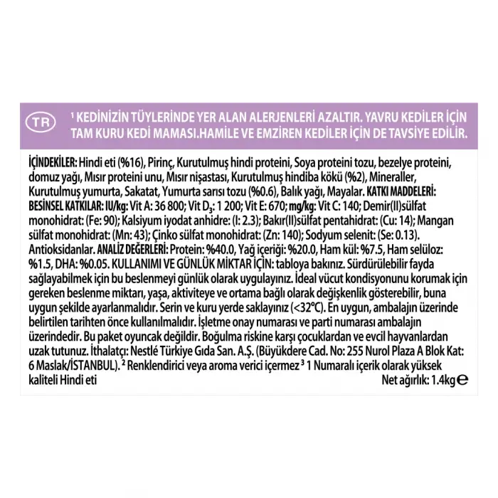 Pro Plan LiveClear Alerjen Azaltan Hindili 1.4 kg Yavru Kedi Maması