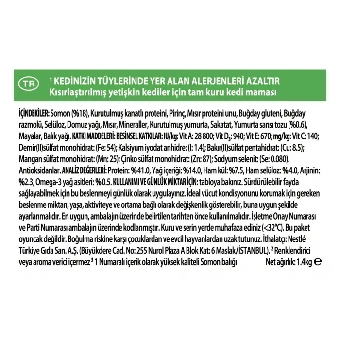 Pro Plan LiveClear Alerjen Azaltan Somonlu 1.4 kg Kısırlaştırılmış Yetişkin Kedi Maması