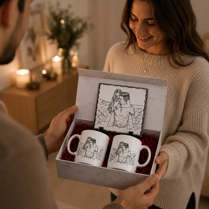 Kişiye Özel Lineart Çizim Baskılı Doğaltaş ve 2’li Kupa Hediye Seti