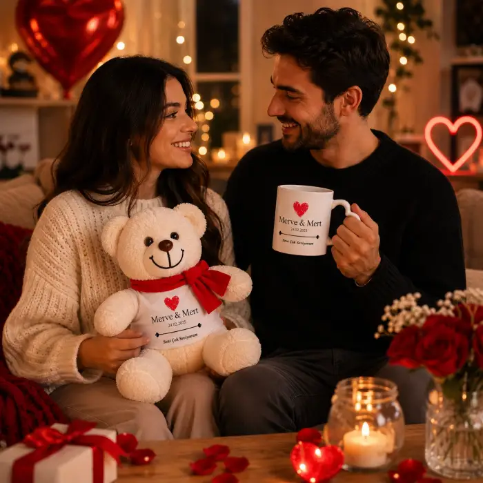 Kişiye Özel Romantik Ayıcık & Kalp Kulplu Kupa Seti