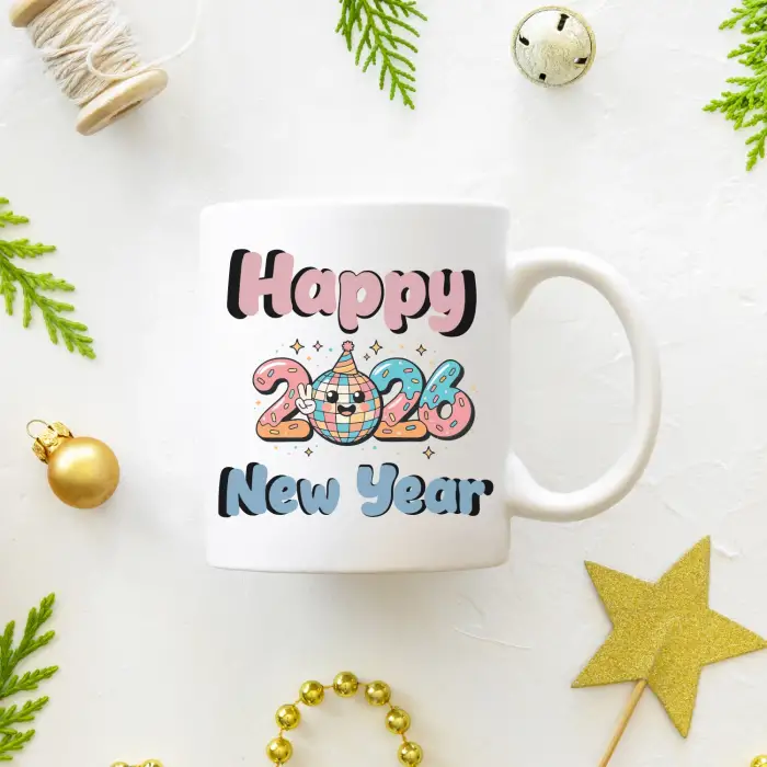 Happy New Year 2026 Desenli Yılbaşı Hediyesi Kupa Bardak