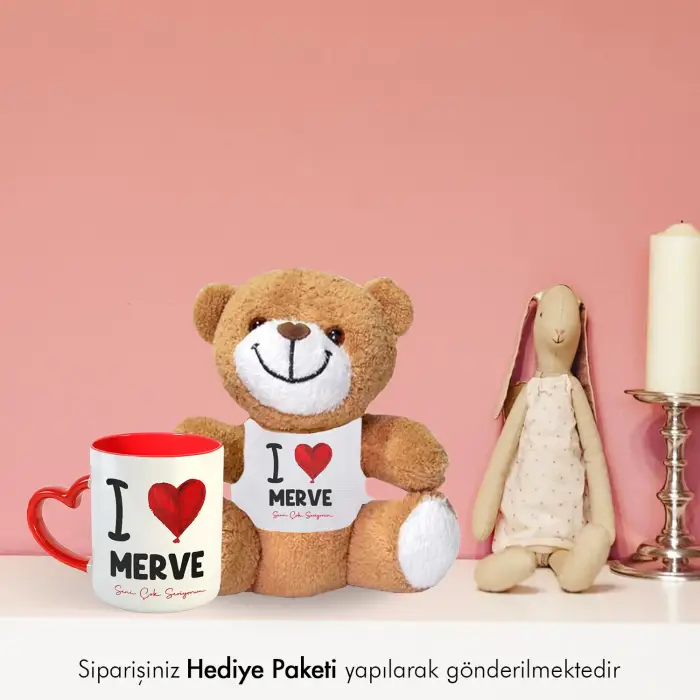 Sevgiliye Özel İsim Baskılı Hediye Peluş Ayıcık Kupa Seti