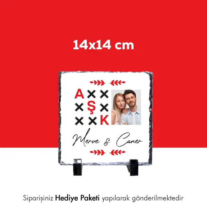 Sevgiliye Özel Aşk Yazılı Fotoğraf Ve İsim Baskılı Doğal Taş 15X15 cm