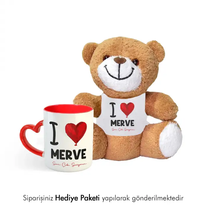 Sevgiliye Özel İsim Baskılı Hediye Peluş Ayıcık Kupa Seti