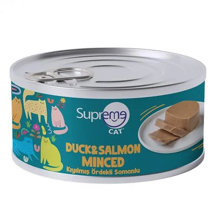Supreme Cat Ördekli ve Somonlu Kıyılmış Yetişkin Konserve Kedi Maması 85gr 24lü