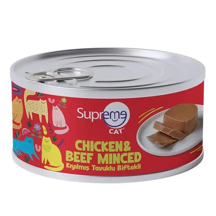 Supreme Cat Tavuklu ve Biftekli Kıyılmış Yetişkin Konserve Kedi Maması 85gr 24lü